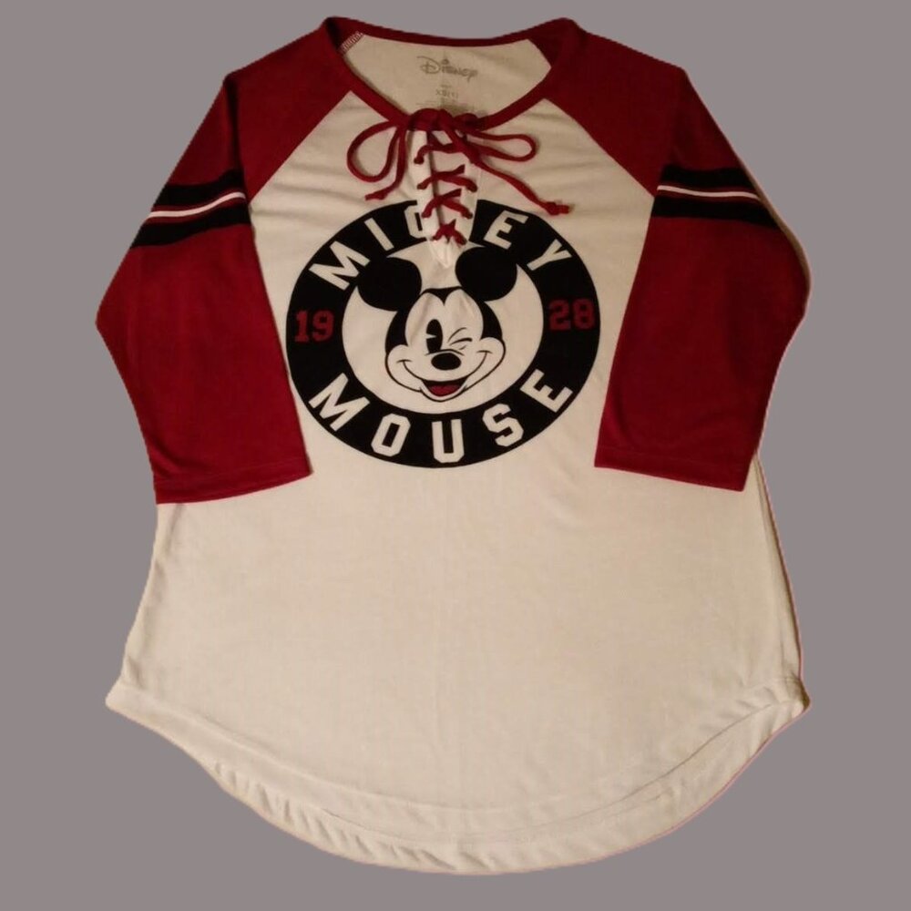 NWOT Disney Mickey Mouse 3/4 Sleeve X-Small Maroon/White/Black Baseball T-Shirt